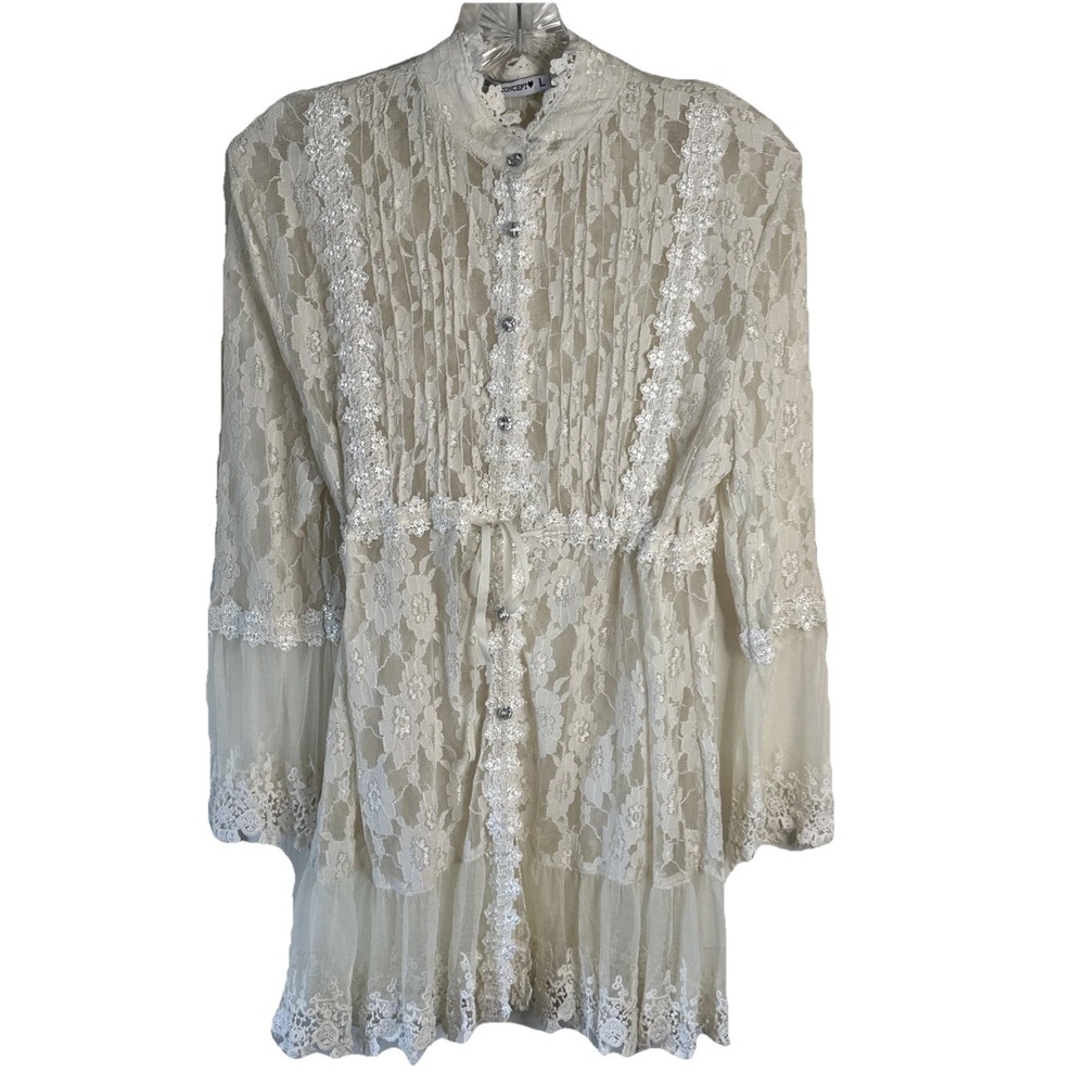 Passion Concept Sz Large Elegant Cream Lace Sheer Fairy Whimsical Top